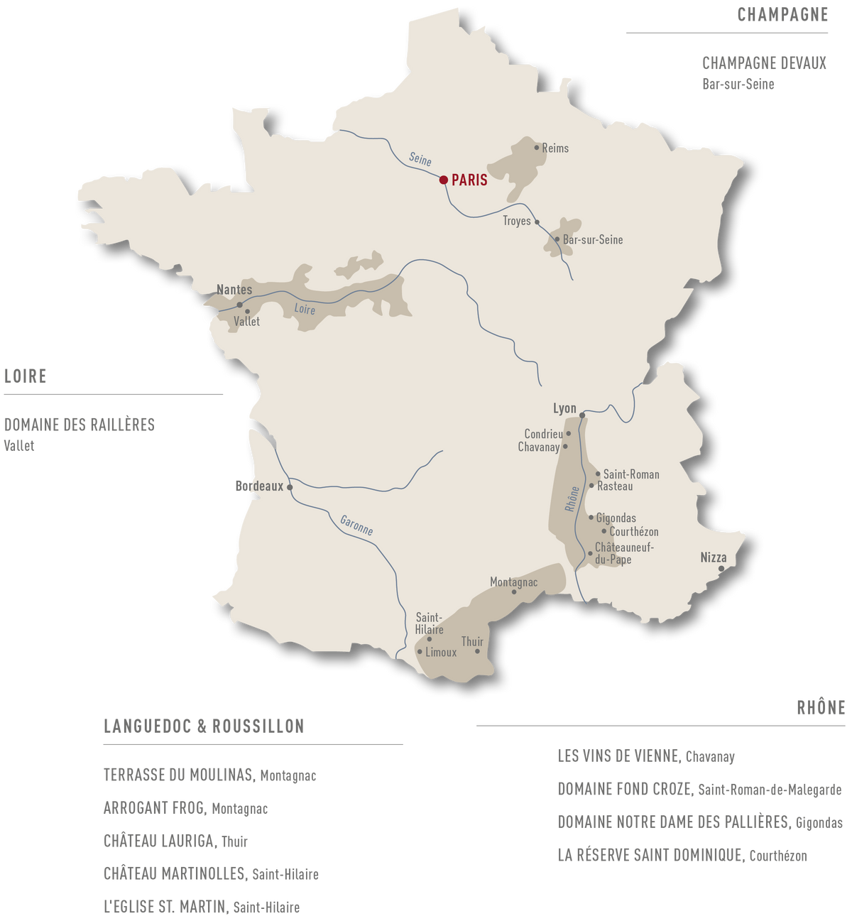 Frankreichkarte mit Weinregionen und Partnerweingütern