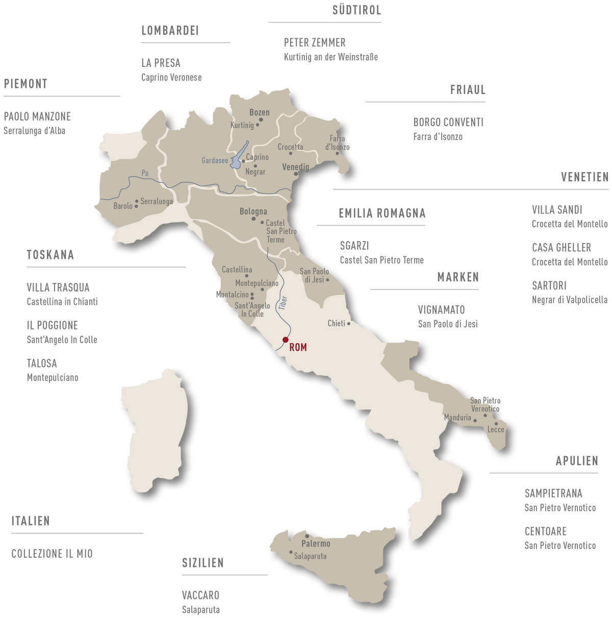 Italienkarte mit Weinregionen und Partnerweingütern