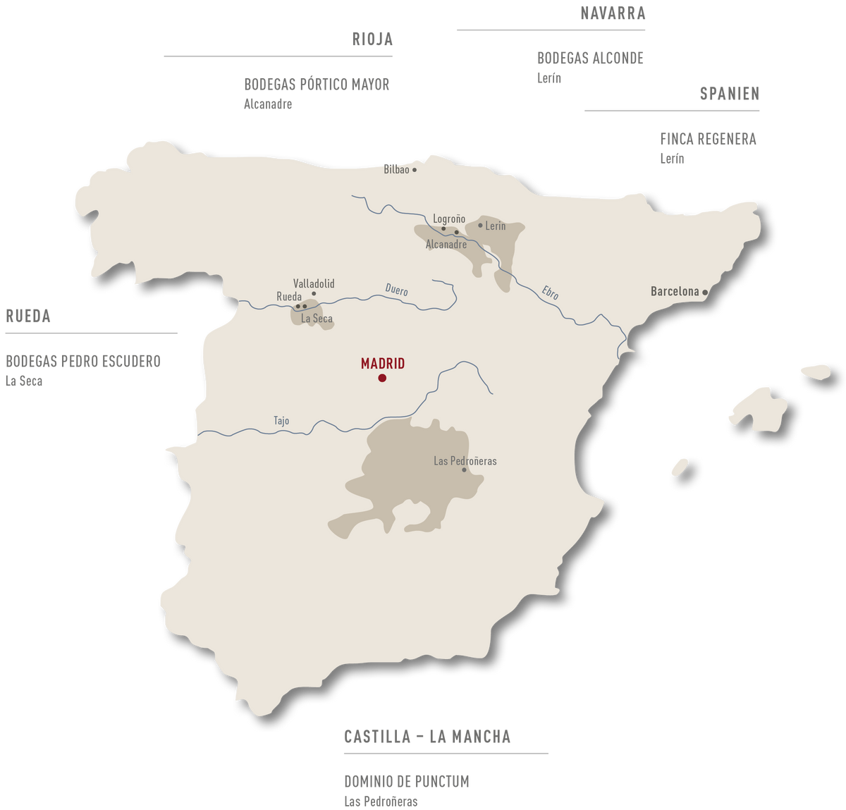 Spanienkarte mit Weinregionen und Partnerweingütern